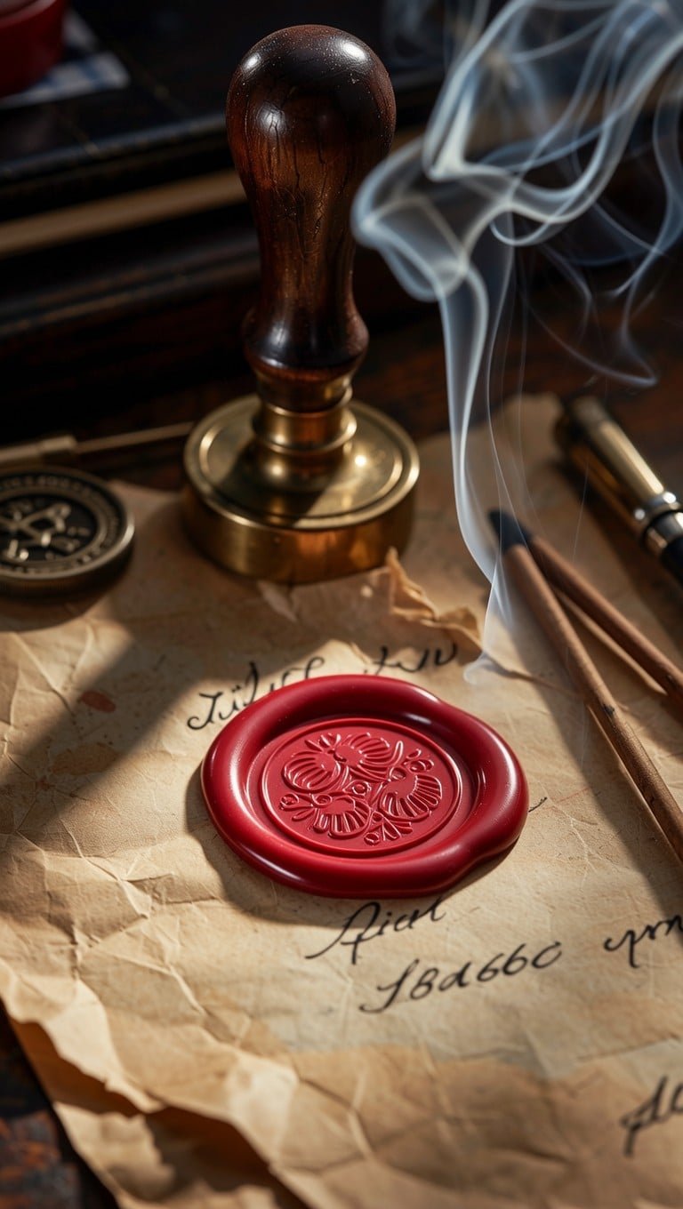 Finished red wax seal with rising smoke beside a handwritten letter